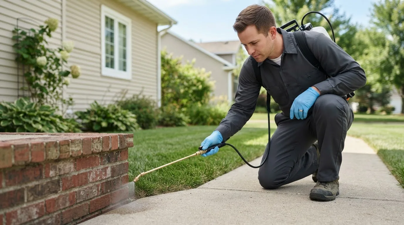 Pest control technician treating a home near Shade, OH