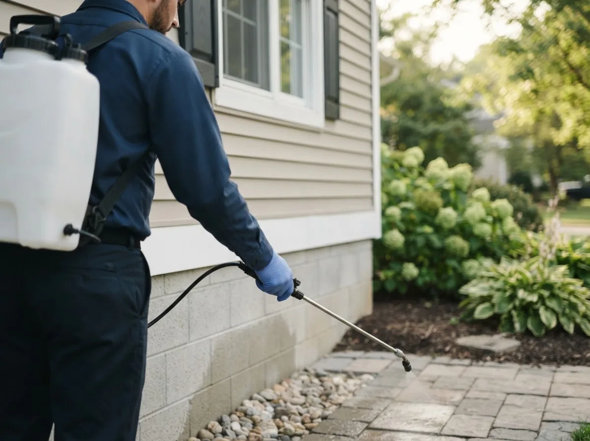 Pest control technician inspecting a home in Shade, OH